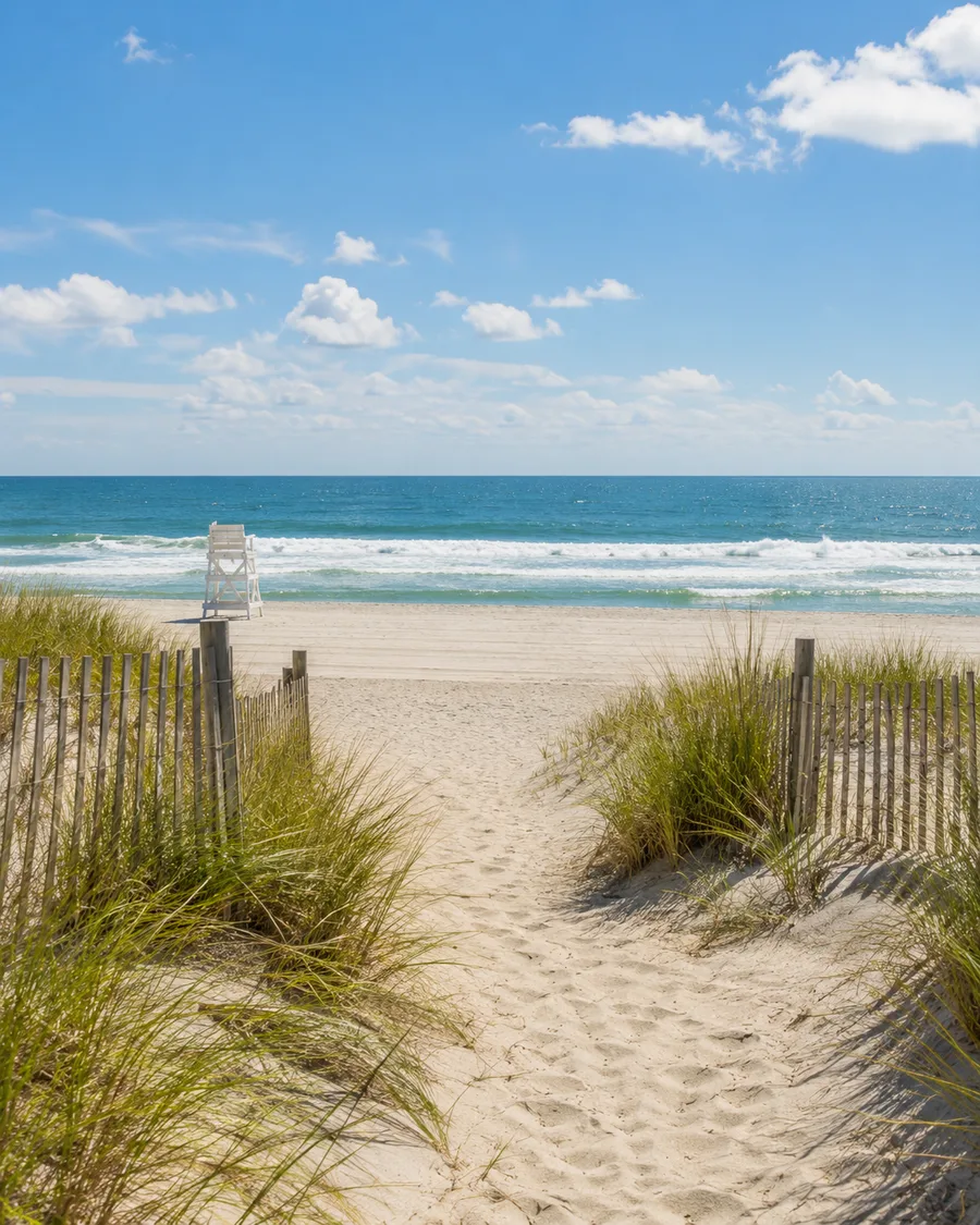 Dune path leading to Surf City NJ beach with lifeguard stand and ocean view