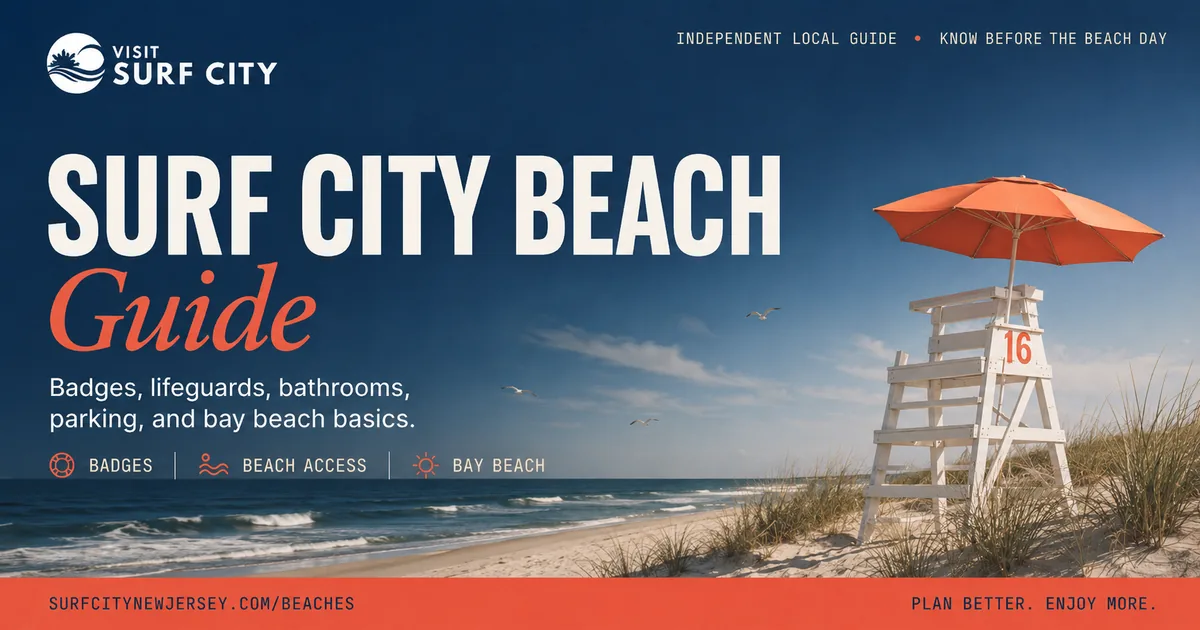 Surf City, NJ beach guide infographic with beach badge rules, lifeguard hours, bathroom locations, dog rules, shade rules, parking tips, and bay beach basics.