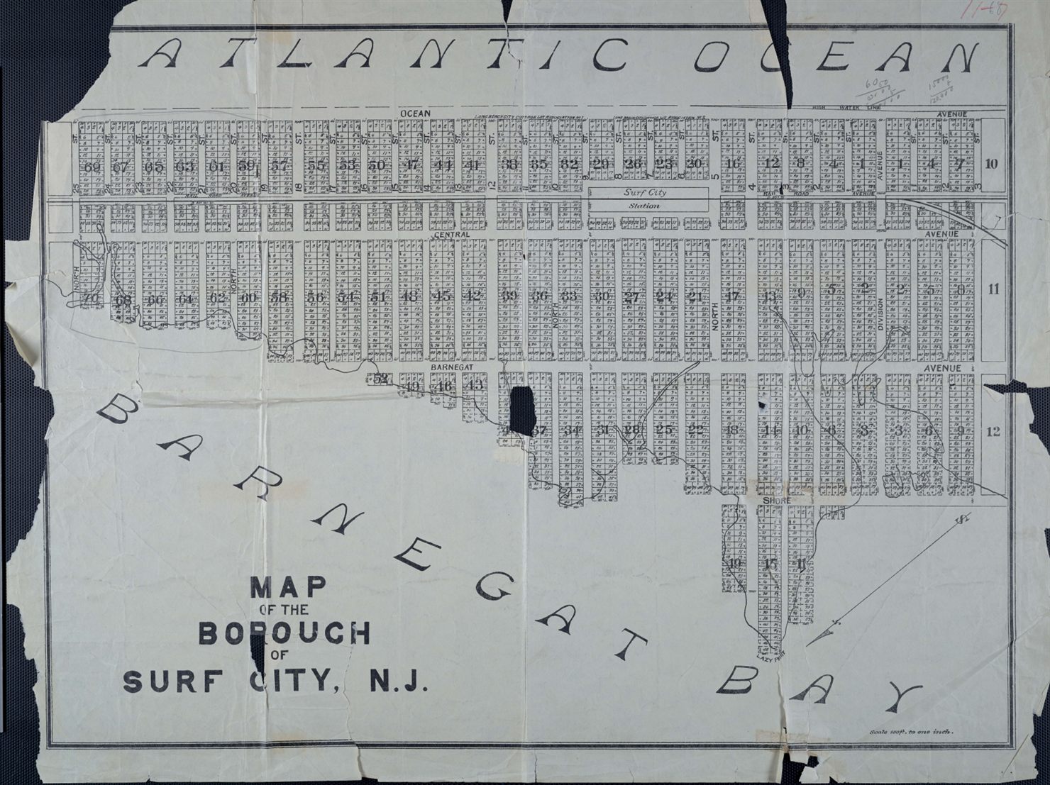 Old borough map of Surf City New Jersey showing the Surf City Station and street grid