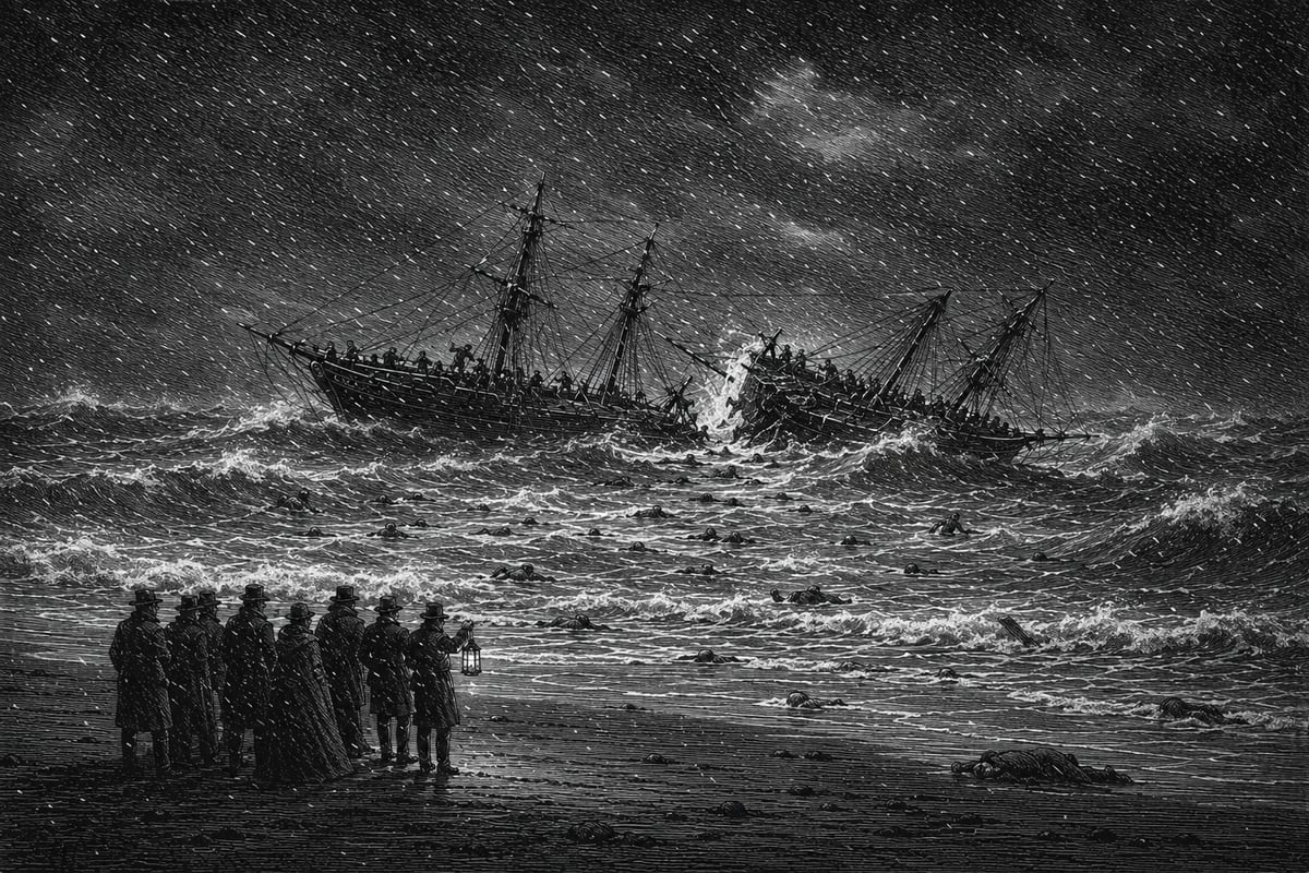 The 1854 Powhattan shipwreck off Surf City, NJ: the packet ship breaking apart offshore during a snowstorm as onlookers stand helplessly on the beach.