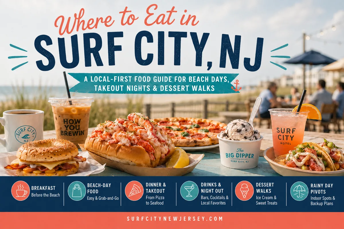 Where to eat in Surf City, NJ food guide image showing beach-week meals, breakfast, takeout, seafood, pizza, drinks, dessert, and rainy-day dining ideas.