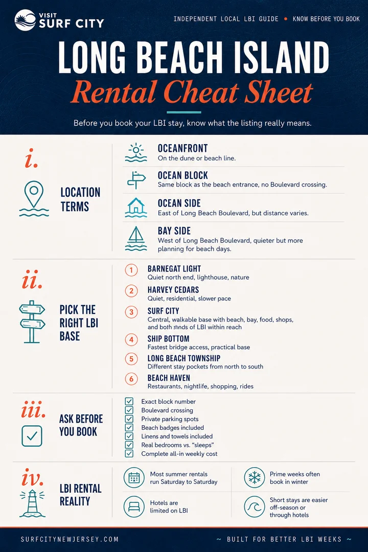 Long Beach Island rental cheat sheet infographic showing weekly rental timing, booking advice, Surf City, location terms, hotels, and LBI stay planning.