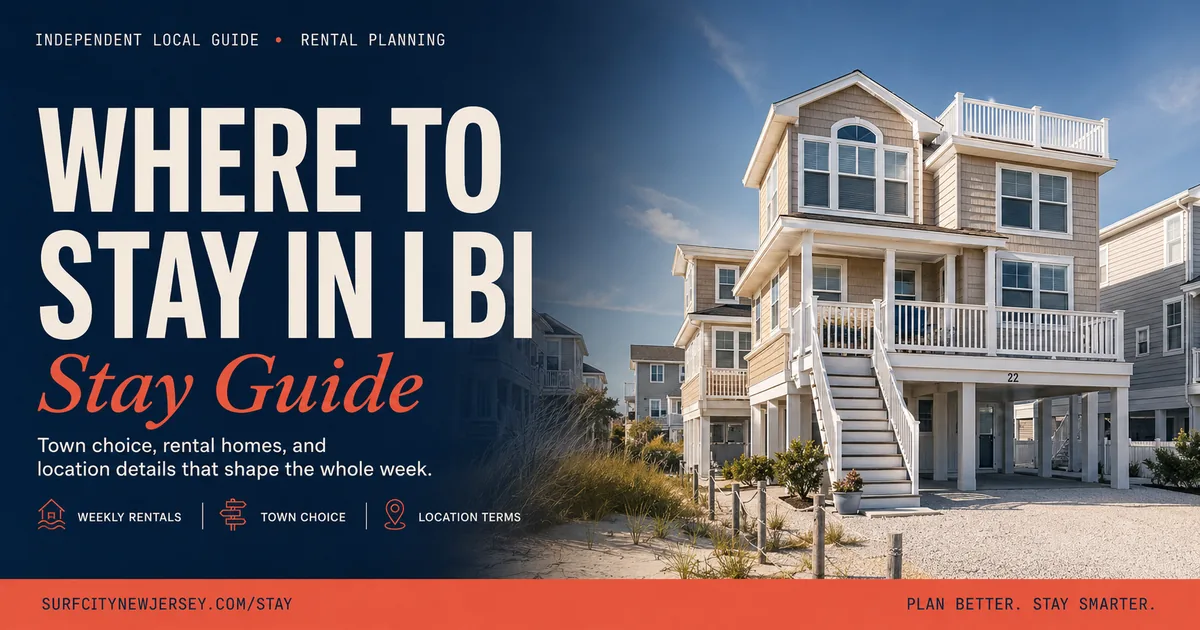 Where to stay in LBI Surf City, NJ rental guide infographic for choosing a Long Beach Island vacation base.
