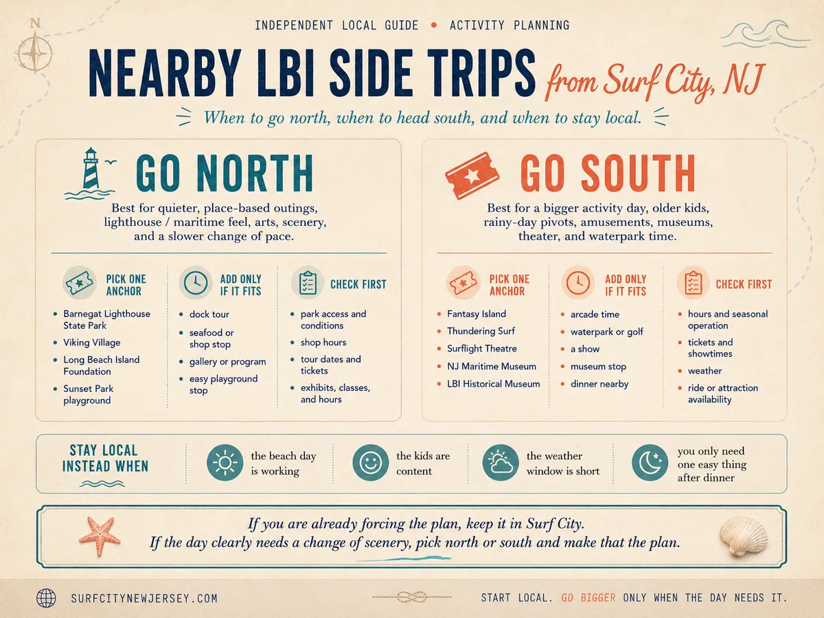 Illustrated guide for Surf City, NJ visitors showing what to do nearby, when to stay local, when to go north on LBI, and when to head south to Beach Haven.