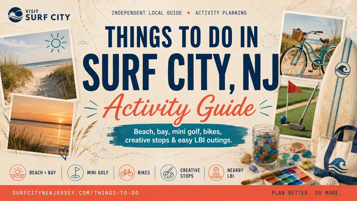 Featured image for a Things to Do in Surf City, NJ activity guide with beach, bay, bikes, mini golf, surfboard, and creative activity elements.