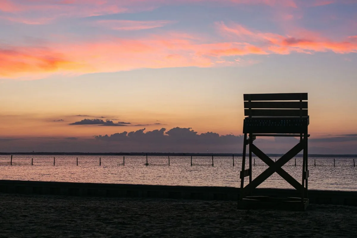 Surf City NJ bay beach at 16th Street at sunset with calm water ideal for young kids and families renting on Long Beach Island